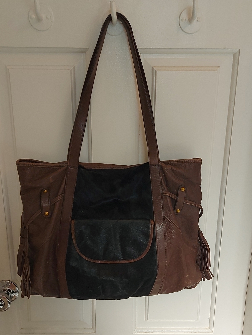 HOBO Brown Leather Tote with Black Ponyhair Front Panel